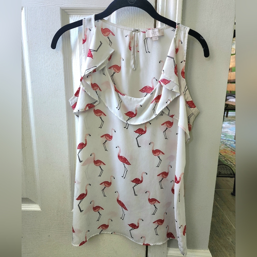 LOFT White Blouse Shell with Pink Flamingo Print & Ruffle Trim